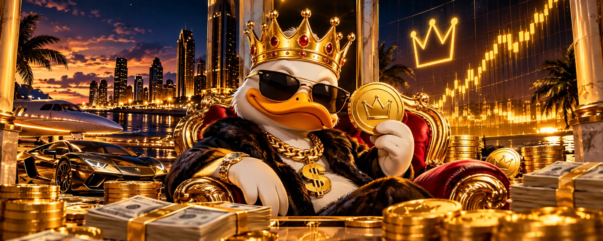 A white duck in a gold crown, sunglasses and a gold chain sits on a throne in front of a night skyline, a jet, a sports car and stacks of gold coins.