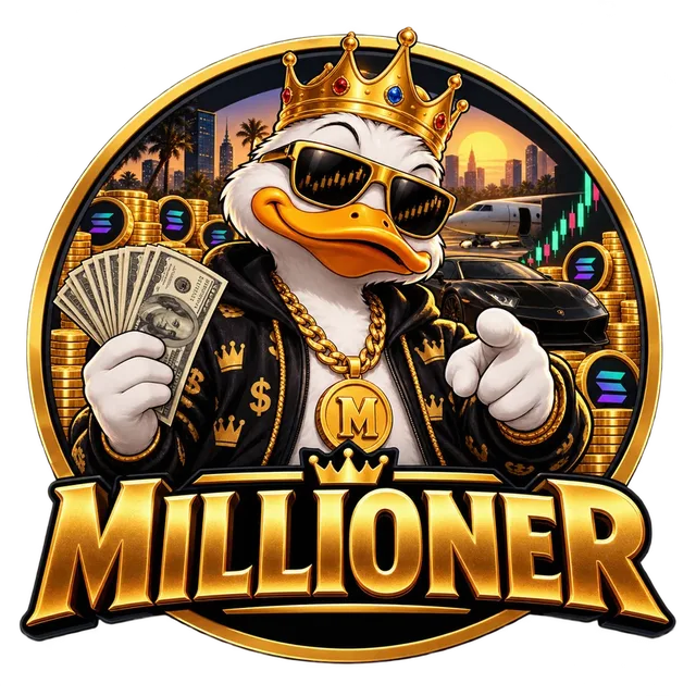 MILLIONER logo: the duck in a gold crown holding a fan of dollar bills, inside a gold ring.